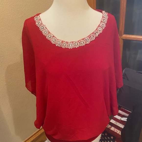 Cranberry red blouse  by Celly K. Beaded neckline with chiffon over - Picture 6 of 8